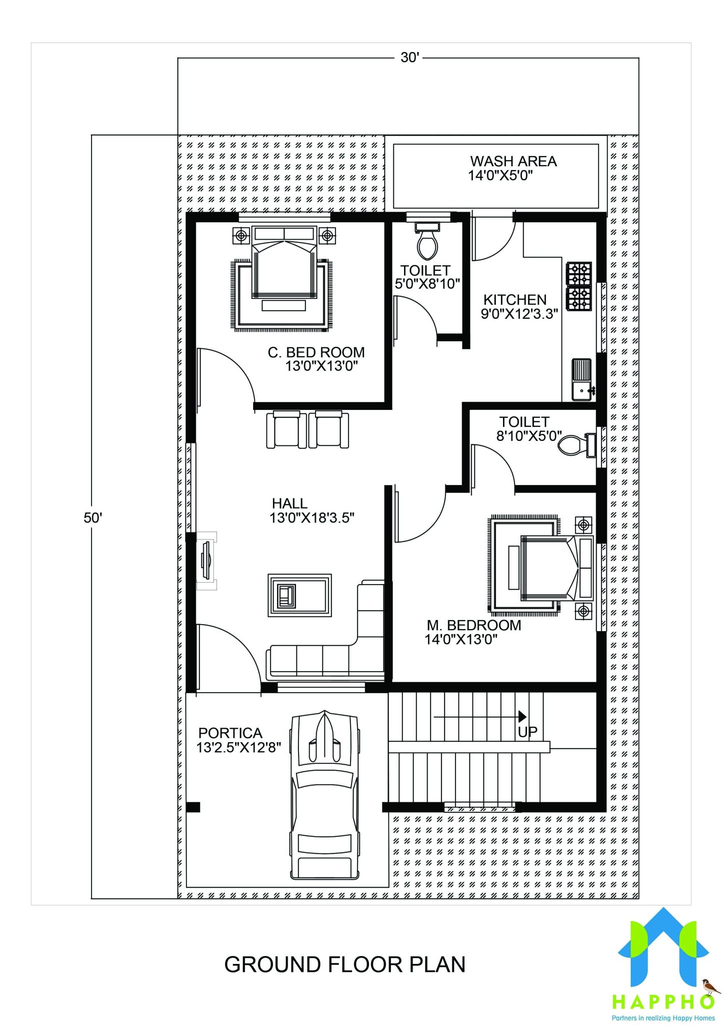 Floor Plan for 30 X 50 Feet plot | 2-BHK (1500 Square Feet/166 Square