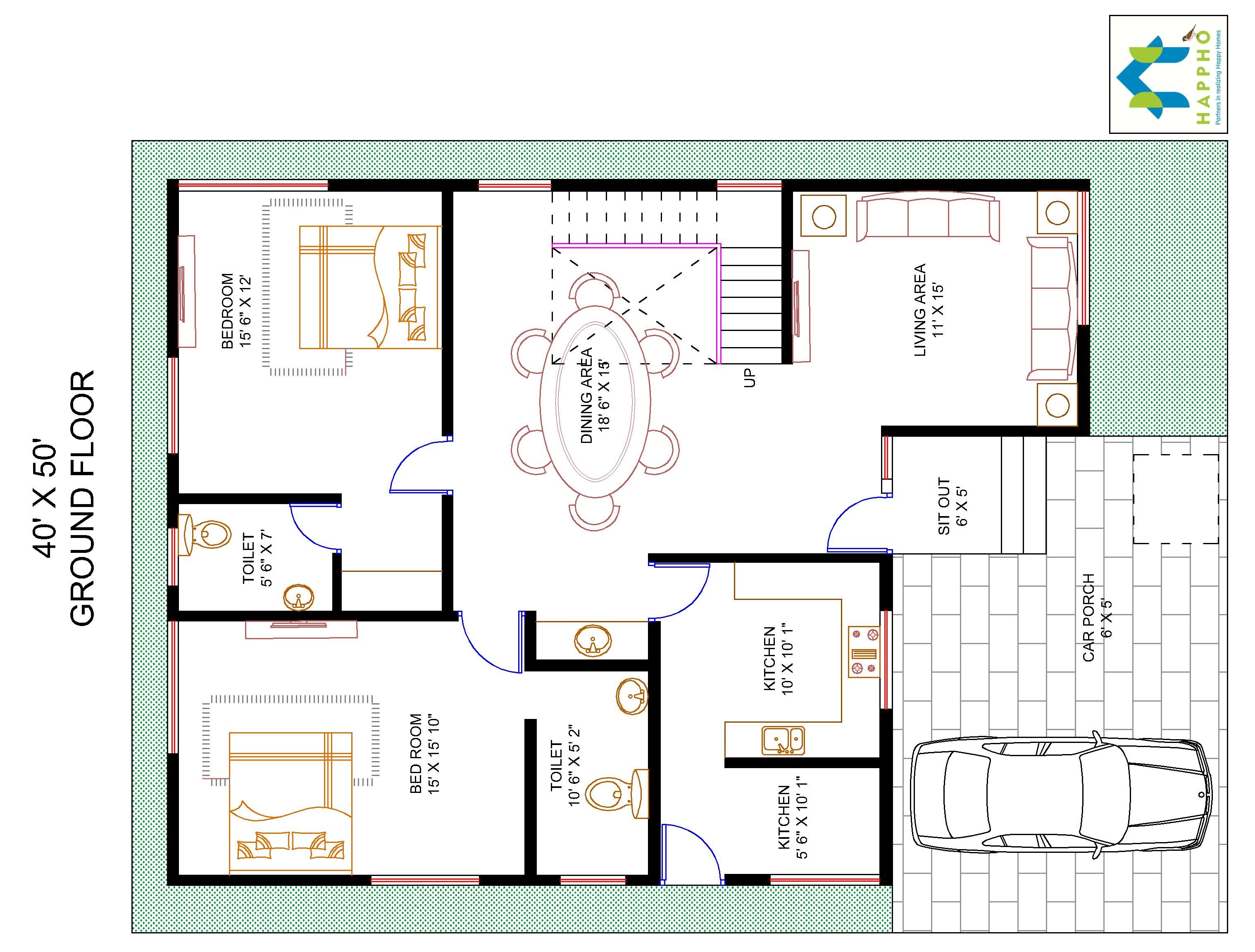 4BHK Floor Plan for 40 X 50 Plot (2000 Square Feet/222