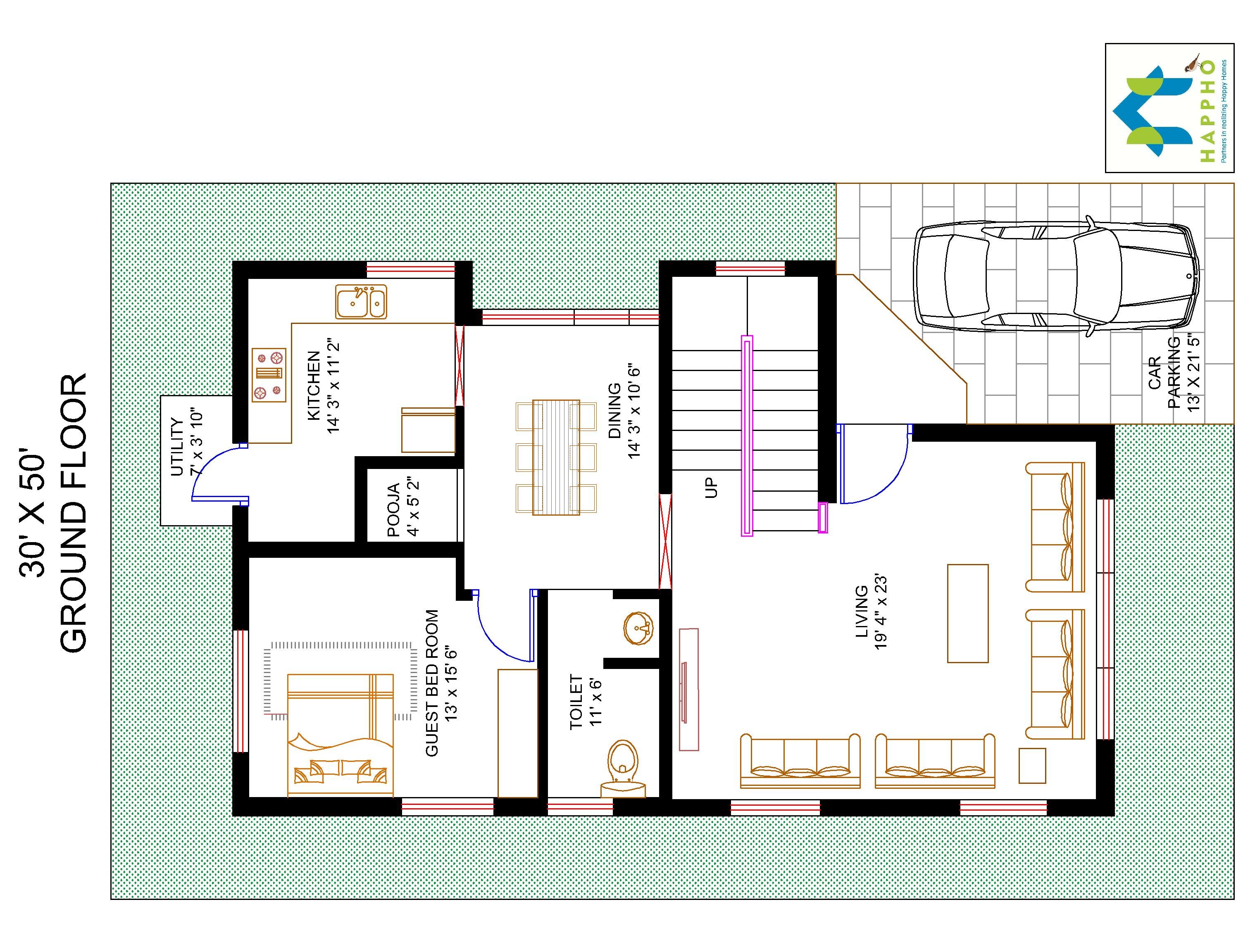 Floor Plan For X Feet Plot Bhk Square Feet Sq Yards Ghar Happho