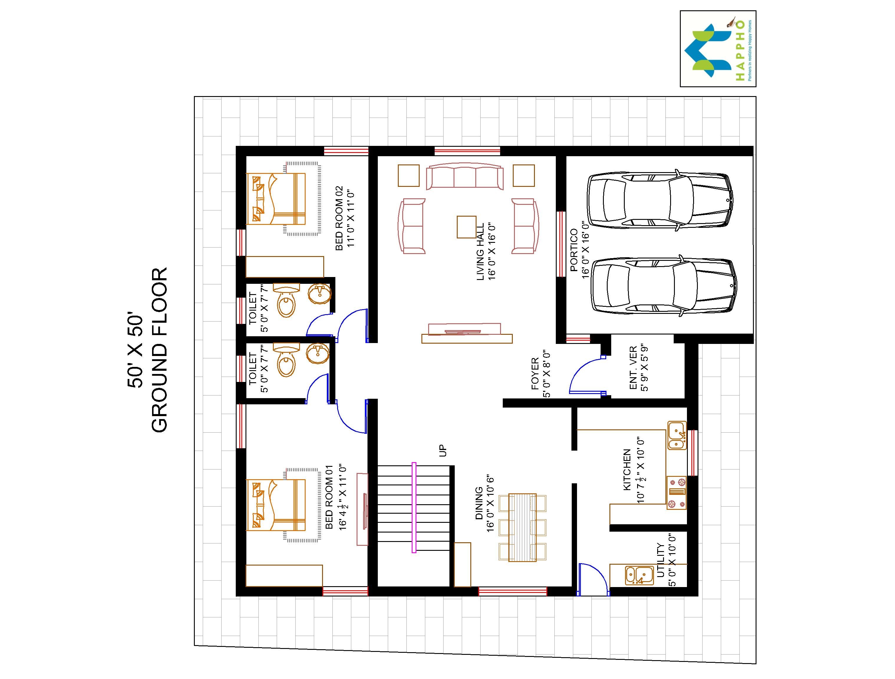 4BHK Floor Plan for 50 X 50 Plot (2500 Square Feet/278