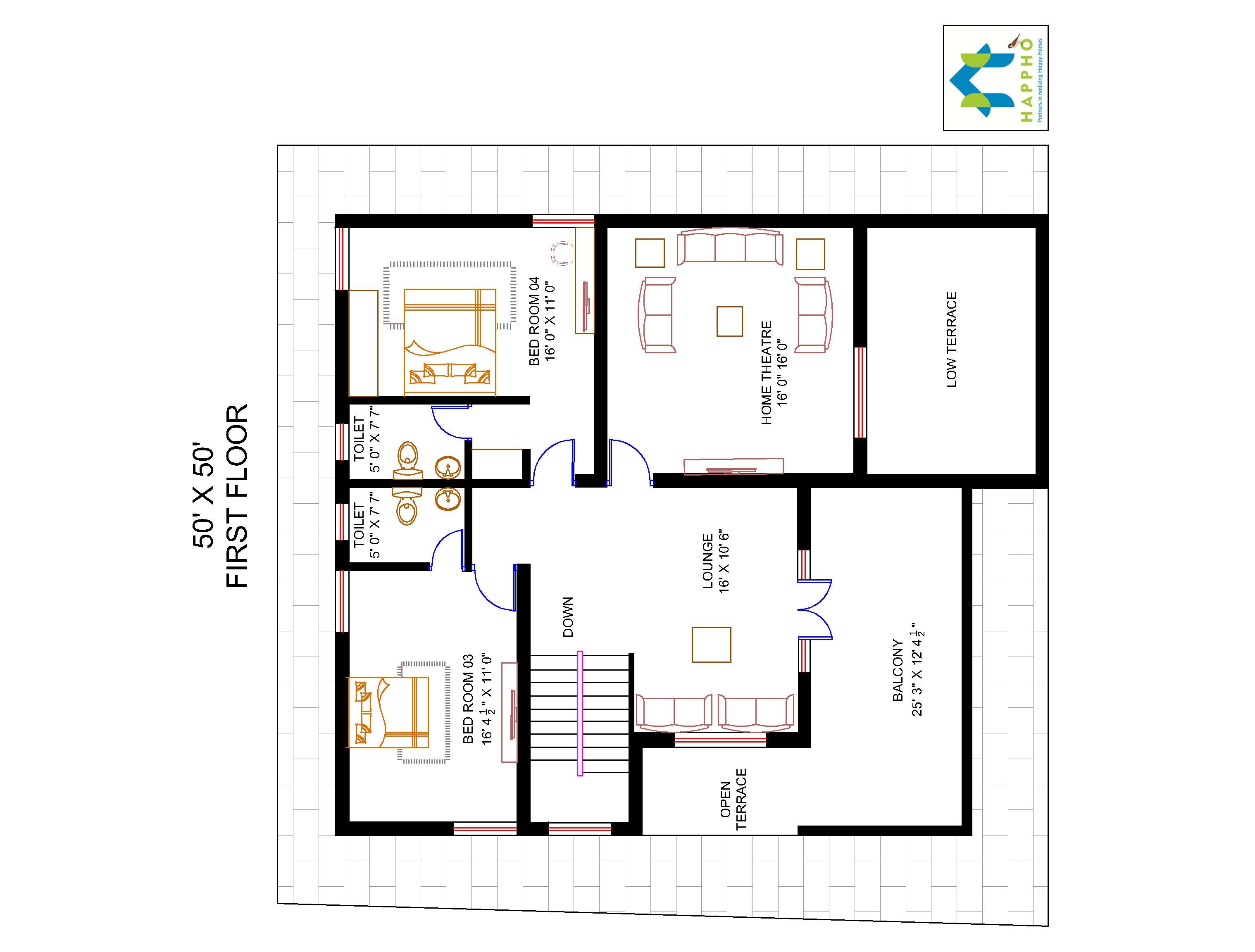 4 BHK Floor Plan For 50 X 50 Plot 2500 Square Feet 278 SquareYards Happho