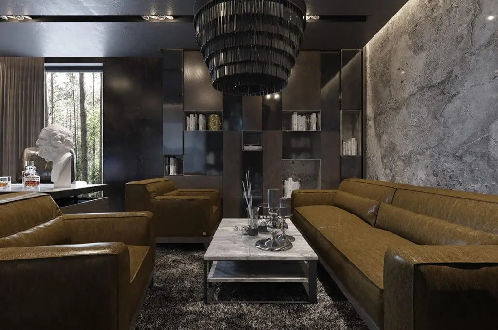 Lavish living room with sofas and a book storage