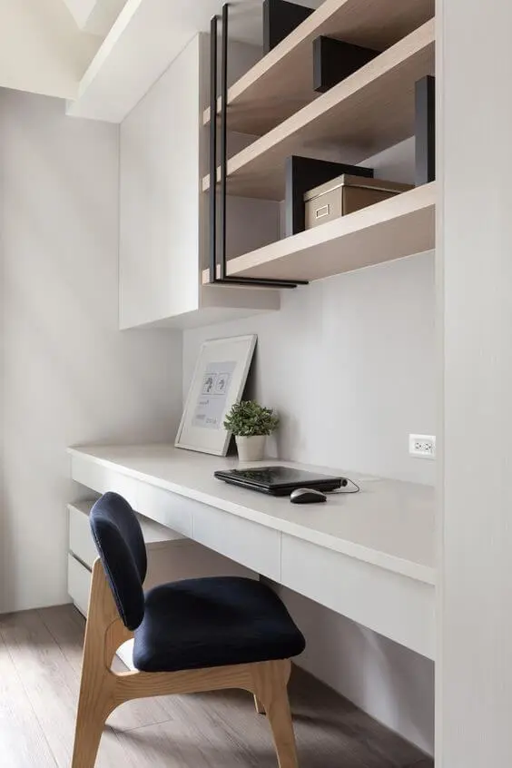 Corner pact study table in white with overhead stroage