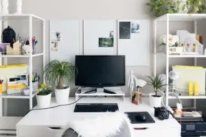 Decorating office table with succulents of shelves