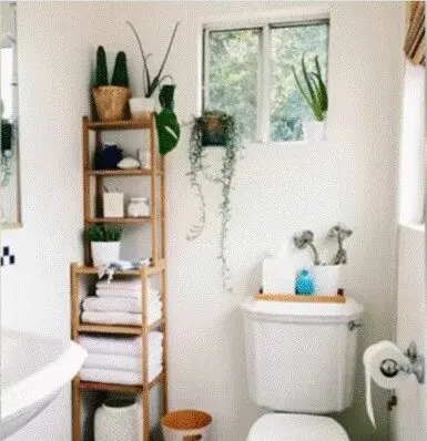 Narrow tall shelves inside a bathroom