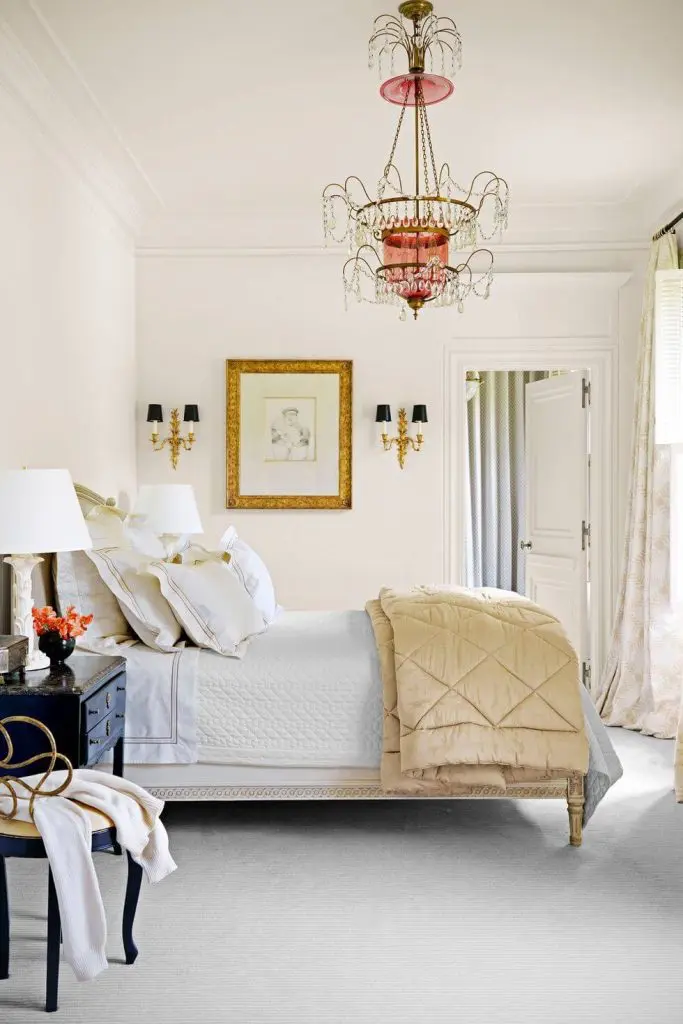 white color bedsheets, walls, carpets, bedcovers in bedroom