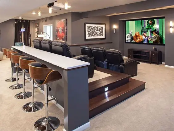 A Home Theatre with Bar table and Bar Stools