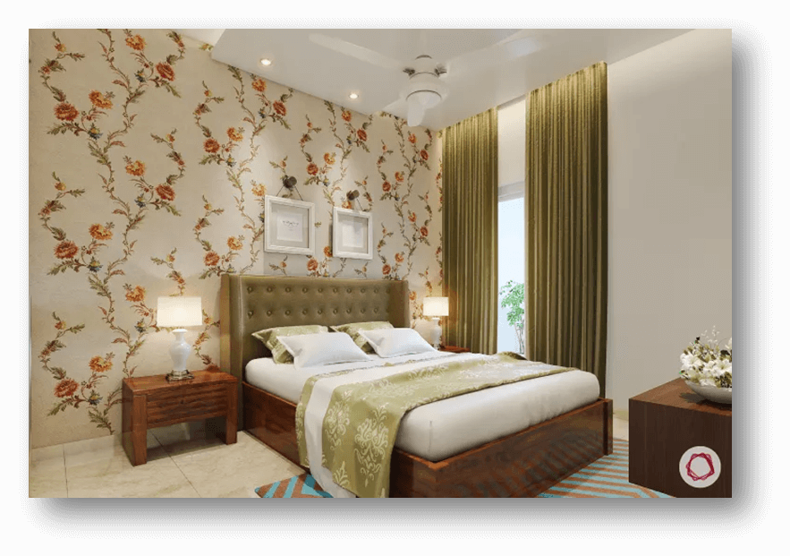 wallpaper behind bed in bedroom