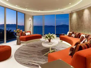 Round shaped room with curved sofas