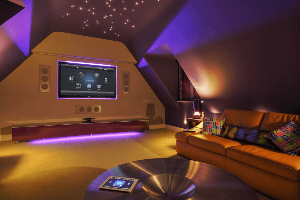 Layered coloured lighting space to create mood for gathering space