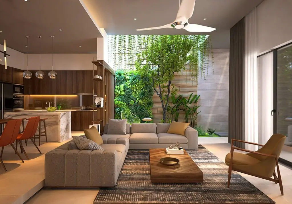 Lack of partitions between kitchen and living room to create open spaces