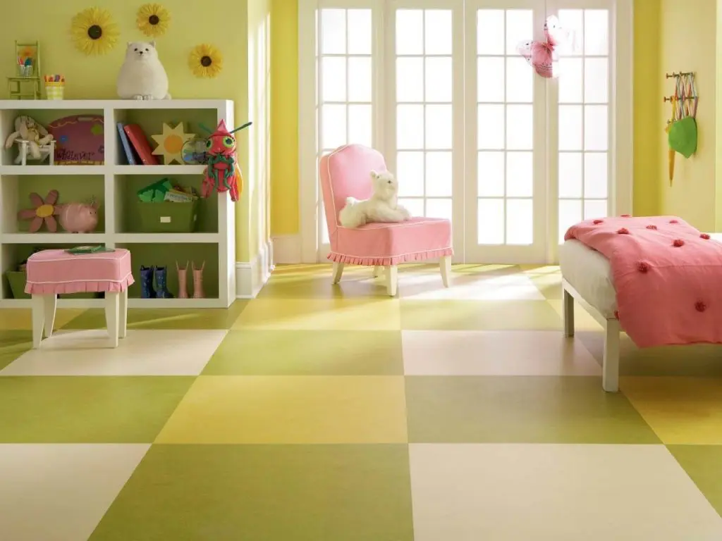 Multi colored vinyl flooring in kids room