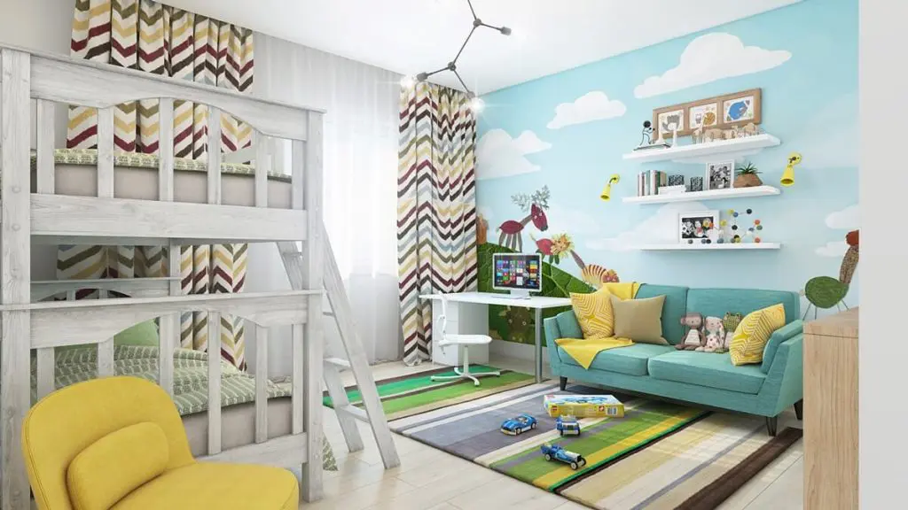 Sky design print with cartoons printed on the wall