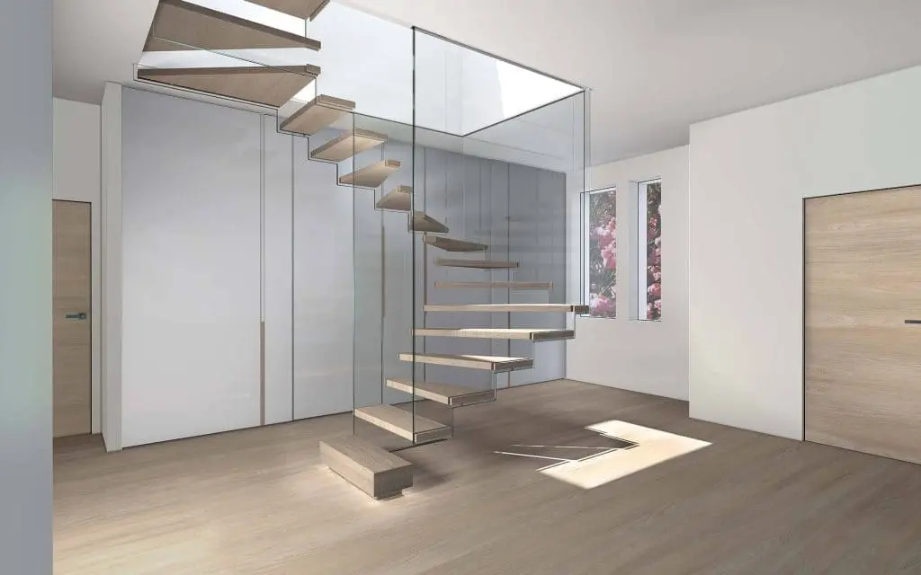 Floating staircase with toughened glass partition from stairs to ceiling