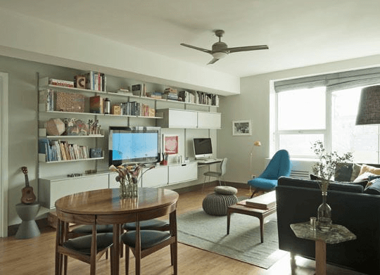 A multi use living room dining and lot of storage