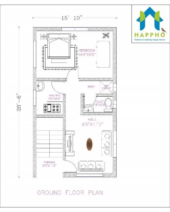 15x24 modern house 2 bhk house plan