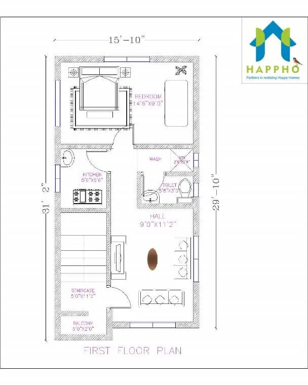 15x24 modern house 2 bhk house plan