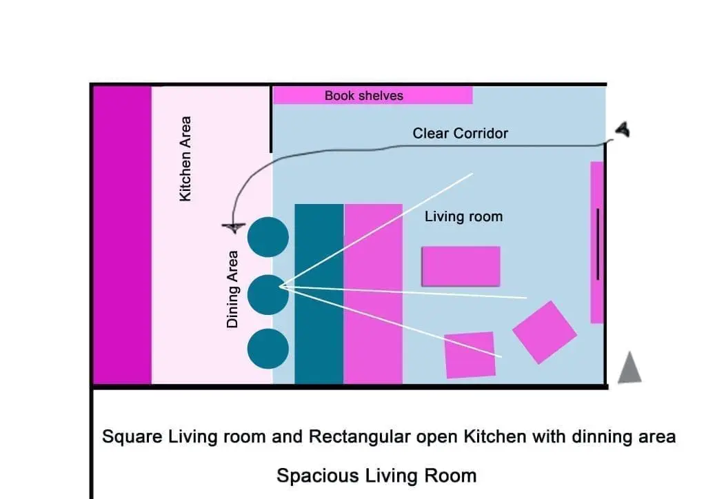 Square Spacious Living Room with open Kitchen and Dining area