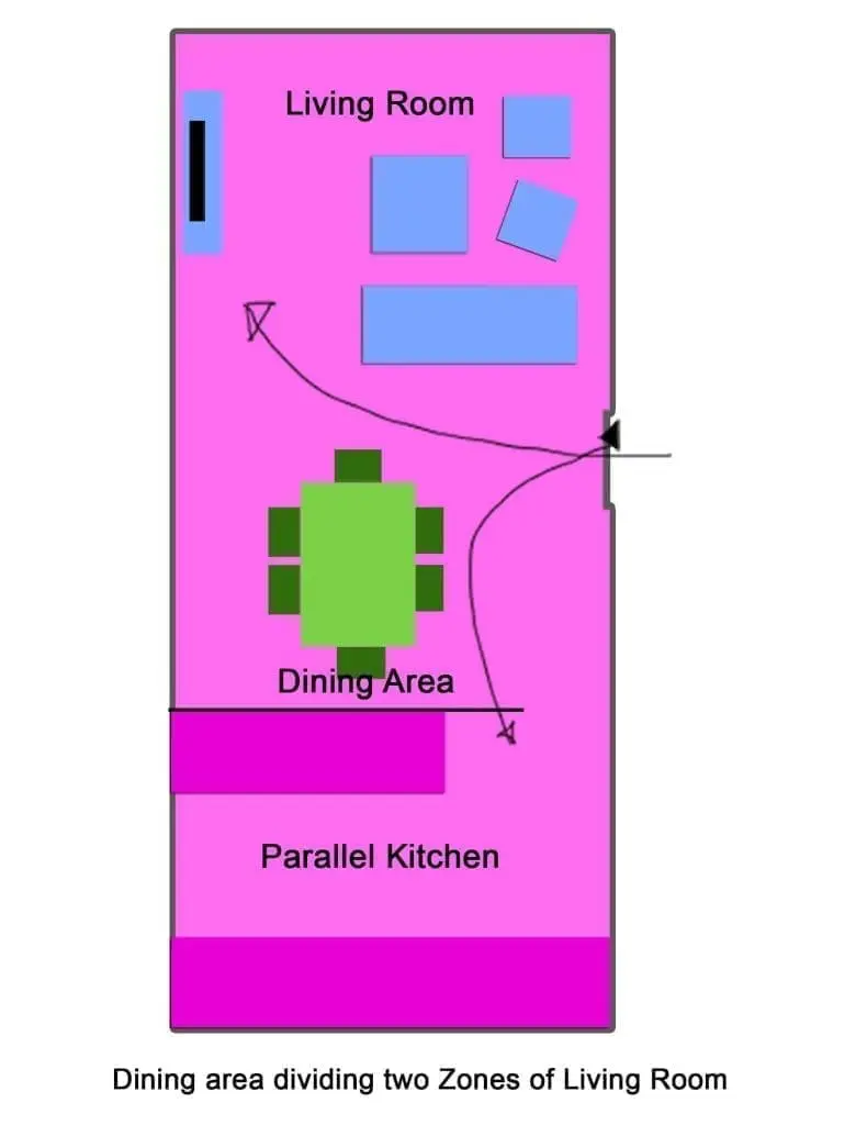 Dining area dividing two zones of living room