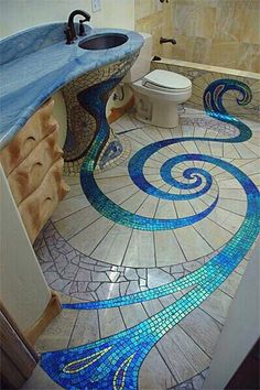 Unique bathroom flooring in pattern made with peacock feather colors