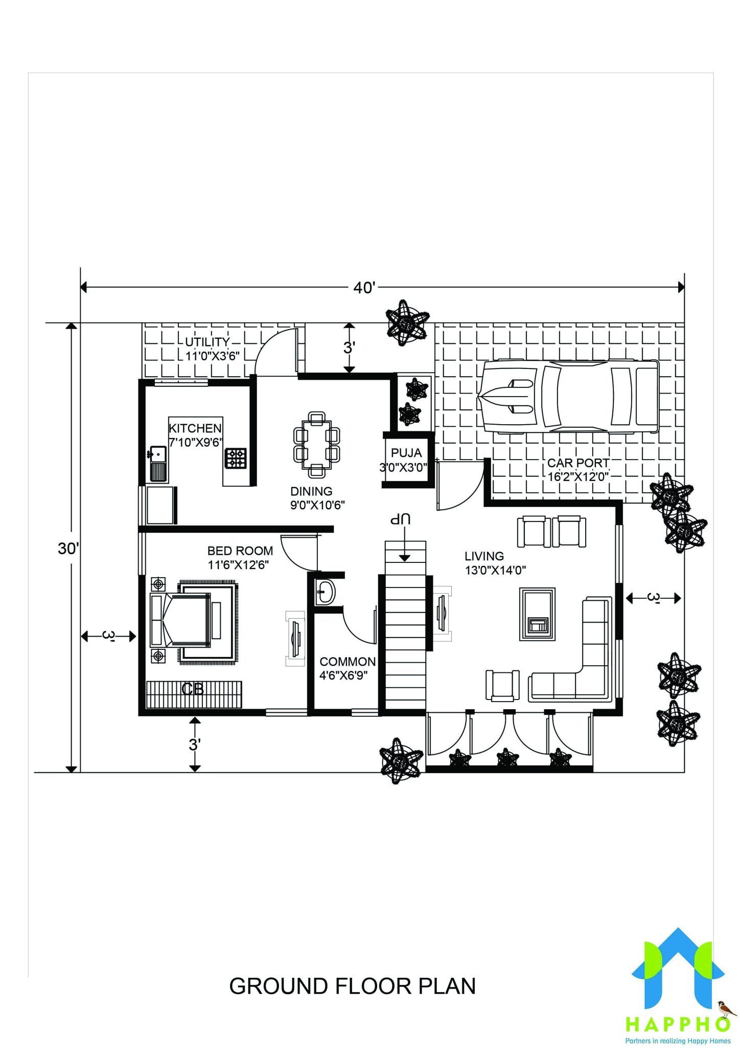 1 Bhk Floor Plan For 20 X 40 Feet Plot 800 Square Feet