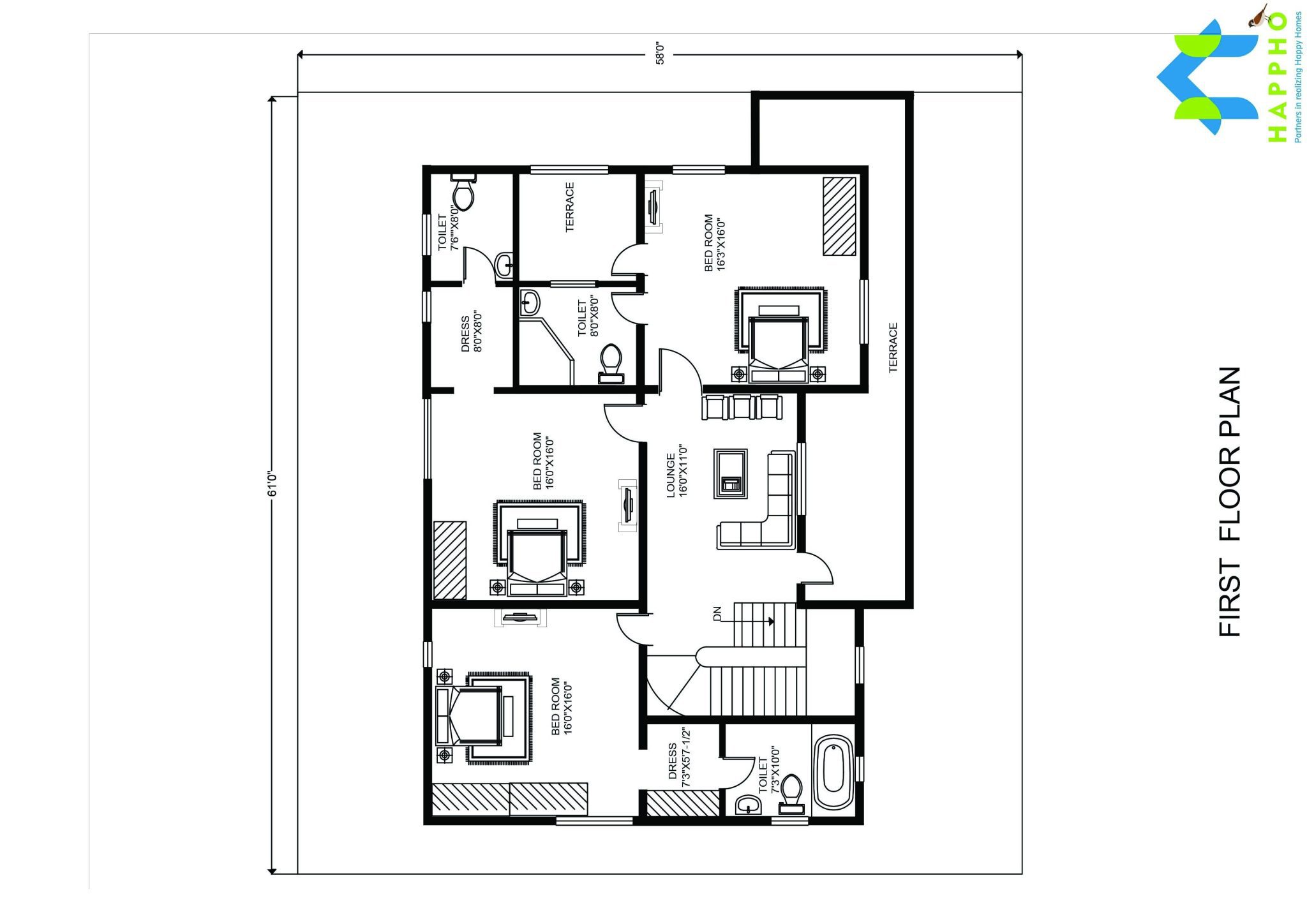 57x61 feet,3477 square feet,379 square yards,Bungalow floor plan