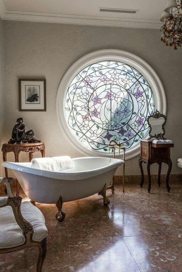 Round shaped glass with design printed in Bathroom