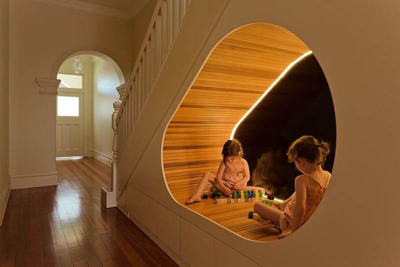 Unique Shaped Kitchen play area below stair