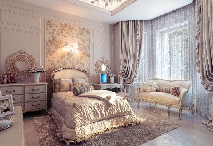 Vintage Styled Bed and Curtains in Bedroom