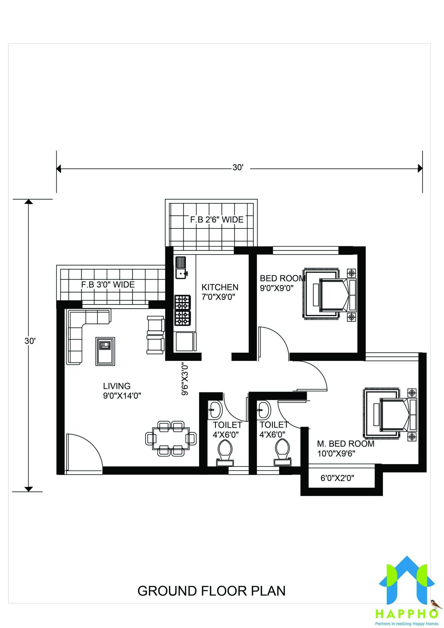 Floor Plan for 30 x 30 Feet plot 2BHK (900 Square Feet