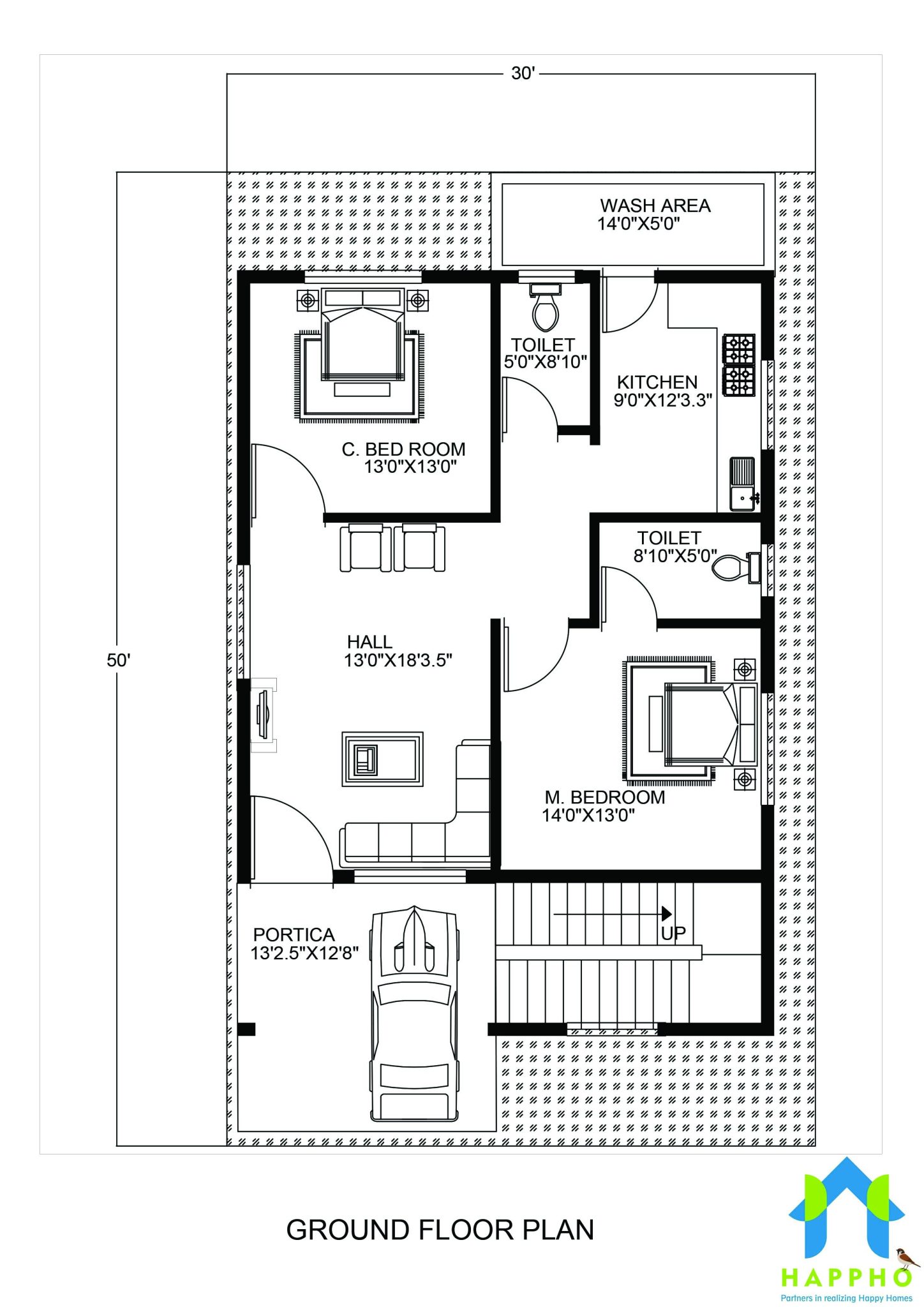 Floor Plan  for 30 X 50 Feet plot 2 BHK  1500 Square Feet 