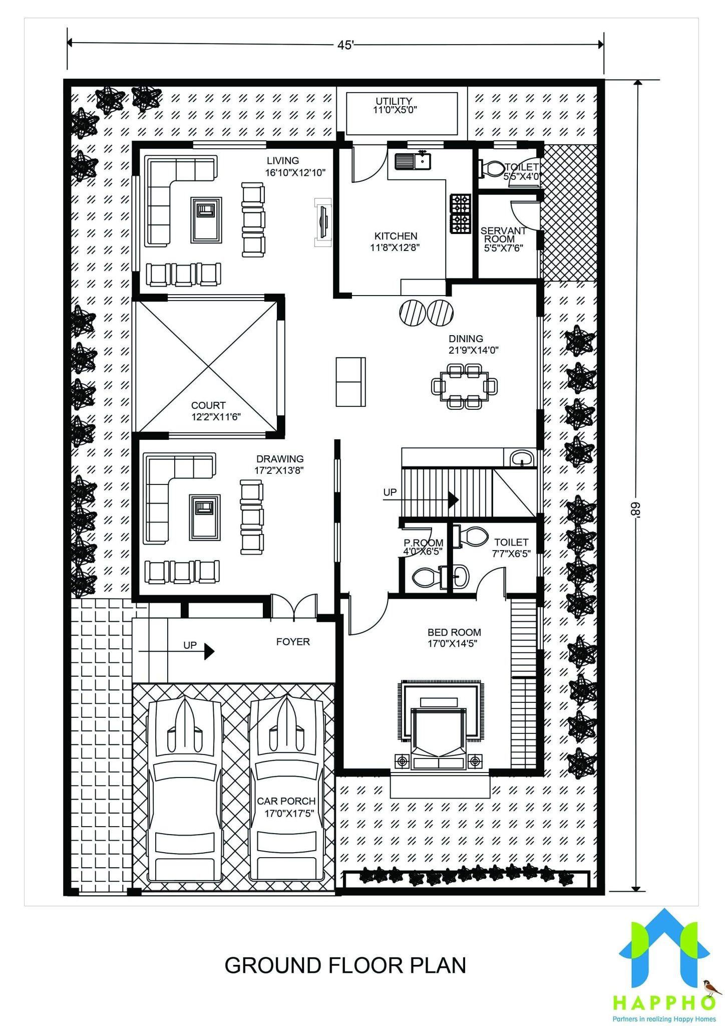 45x68 square feet,3060 square feet,3Bhk floor plan,340 Square yards