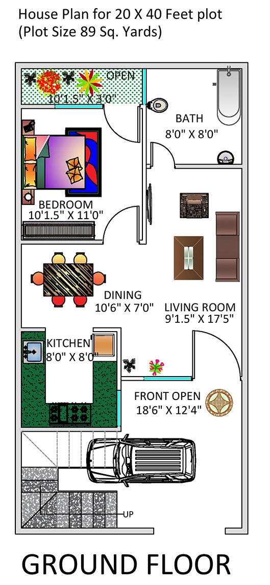 1-BHK Floor Plan for 20 x 40 Feet plot (800 Square Feet)