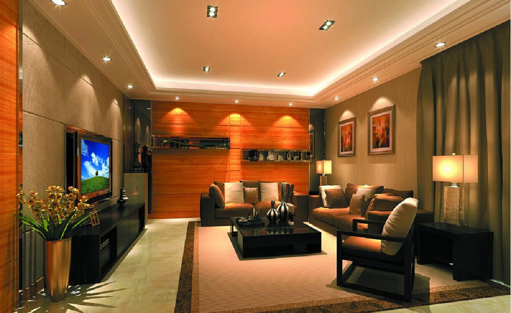 Living-room-wooden-wall-night-view with direct and indirect lighting