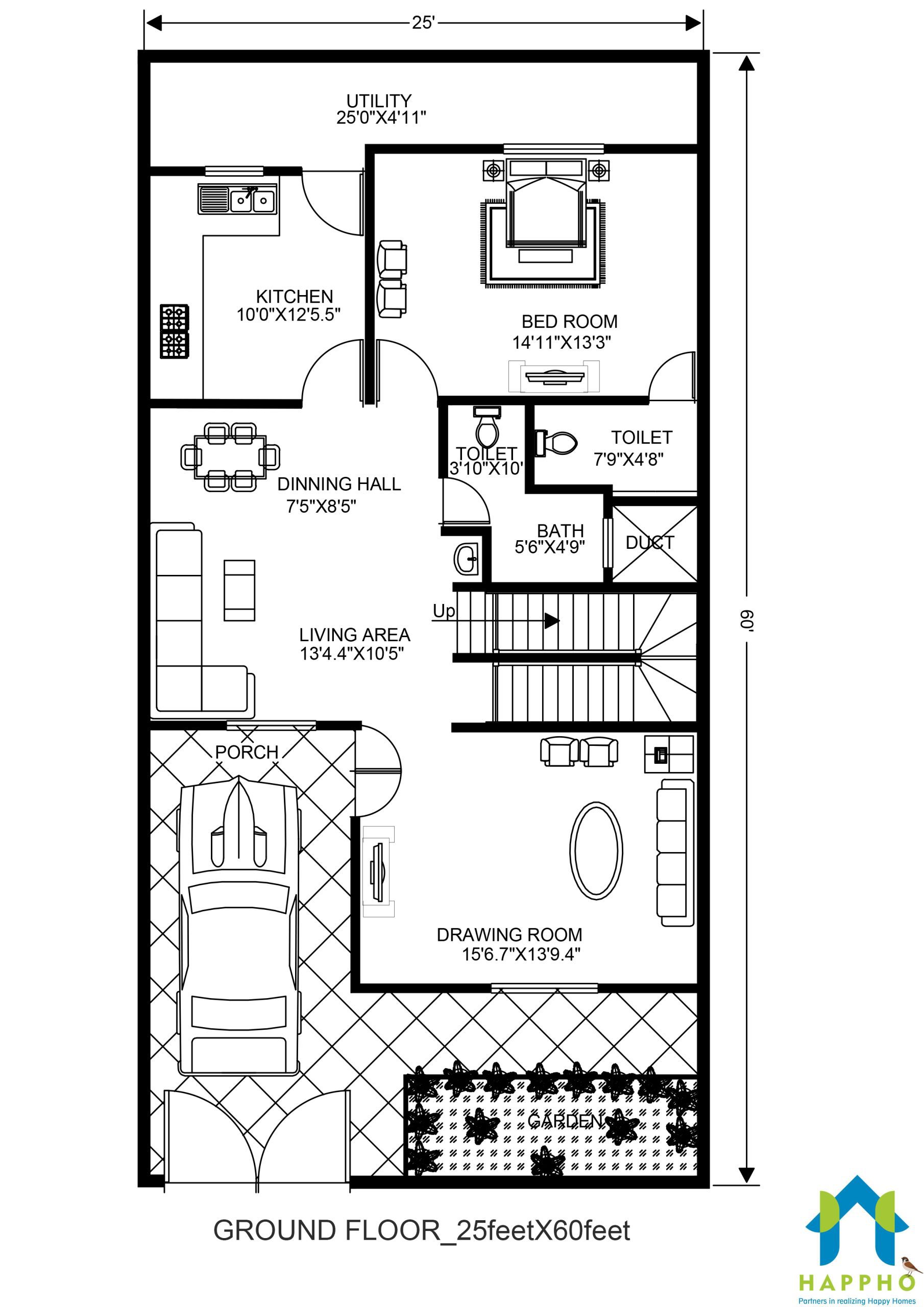 Floor Plan For 25 X 60 Feet Plot 2 Bhk 1500 Square Feet