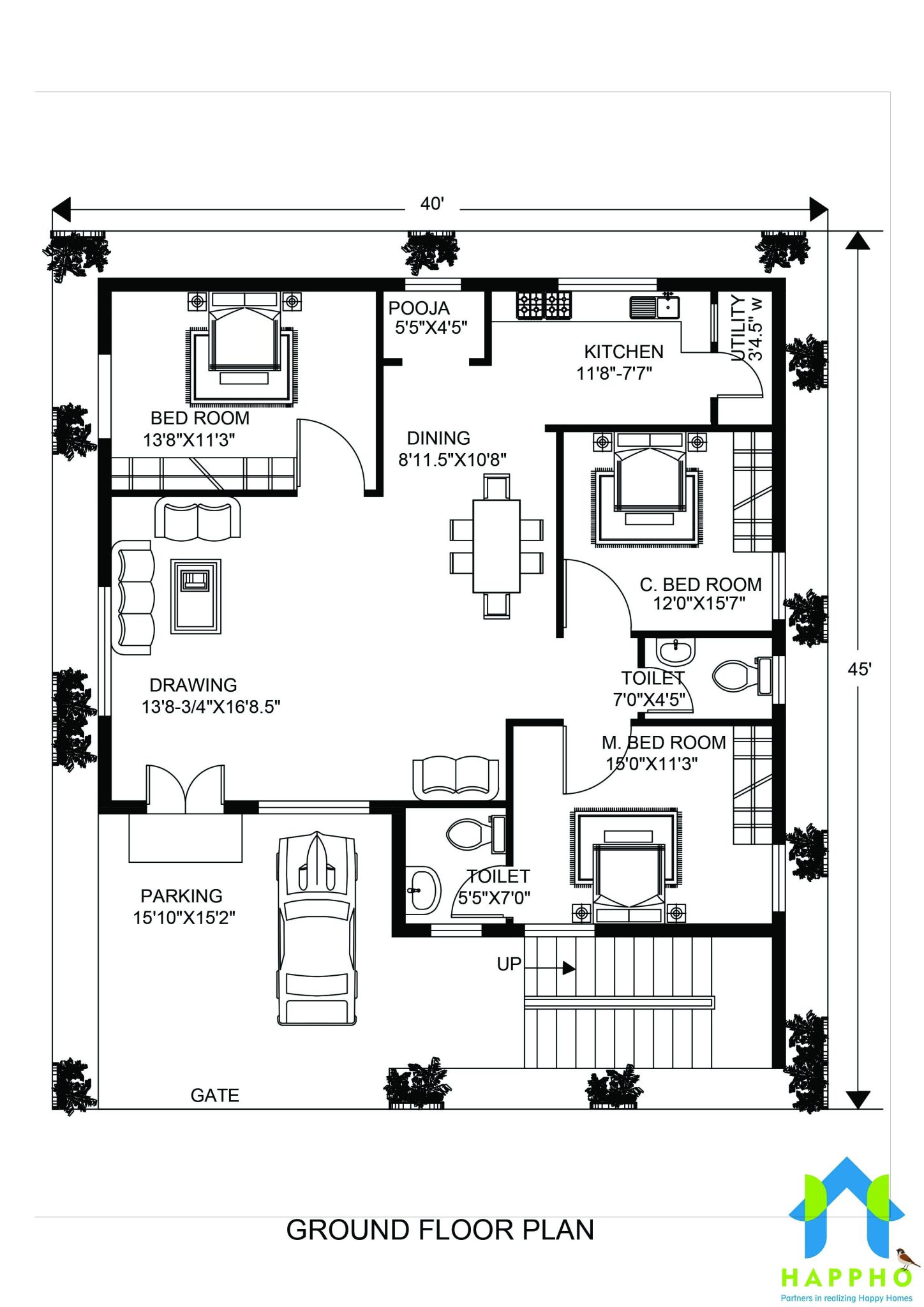 Floor Plan For 40 X 45 Feet Plot 3 Bhk 1800 Square Feet 200 Sq