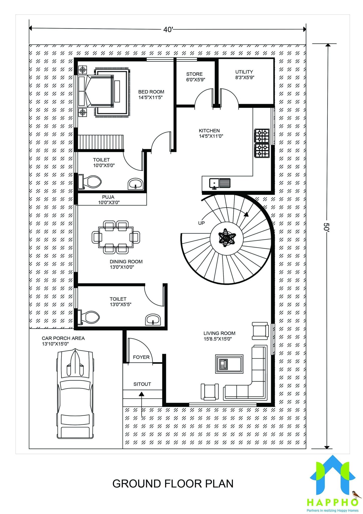 40feetx50feet,2000Square feet,222 square yards,3Bhk floor plan,floor plan