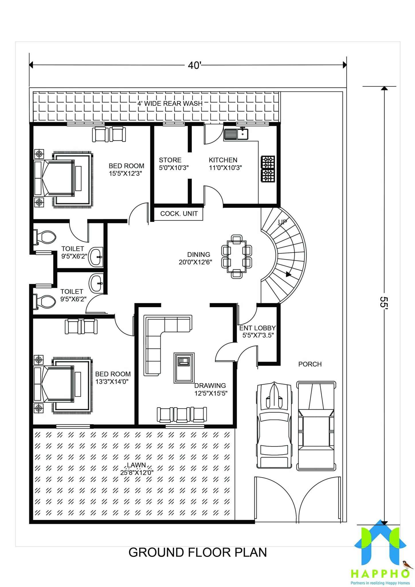 Floor Plan For 40 X 55 Feet Plot 4 BHK 2200Square Feet 244 Sq Yards 