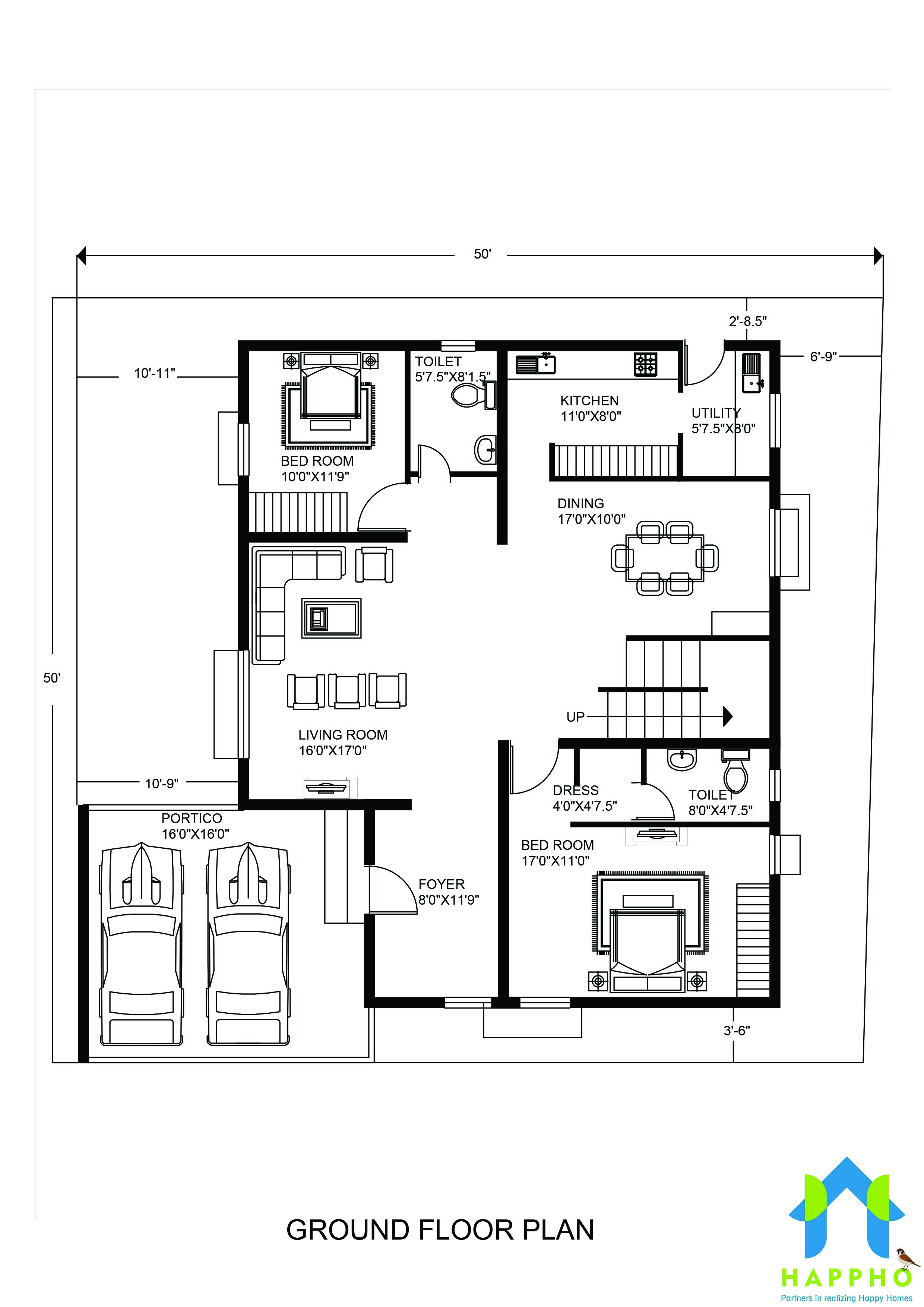 50x50 feet,2500 square feet,277 square yards,5bhk floor plan