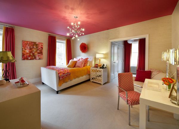 Bright pink coloured bedroom where ceiling is focal point