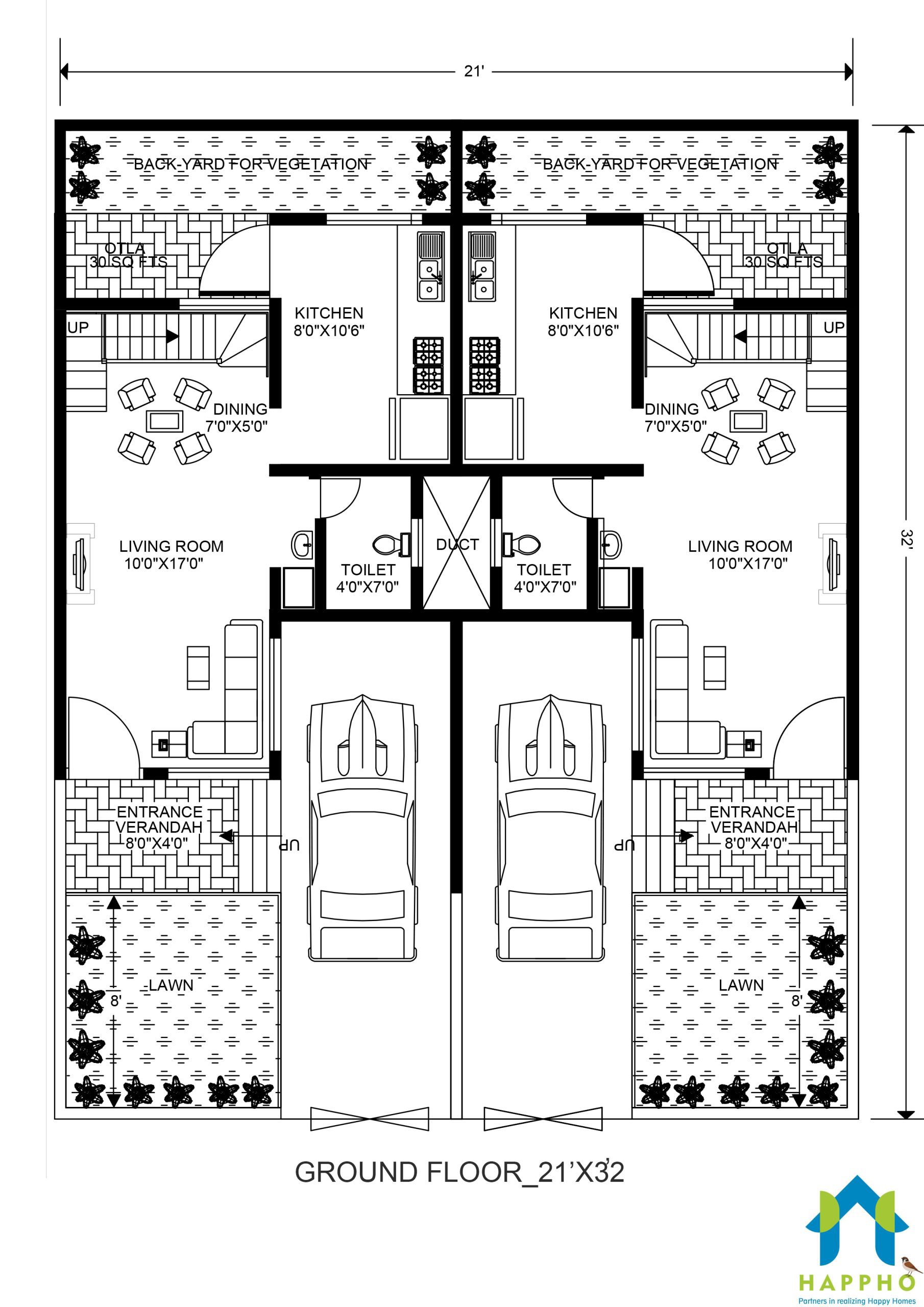 2 Bhk Floor Plan For 21 X 32 Feet Plot 672 Square Feet
