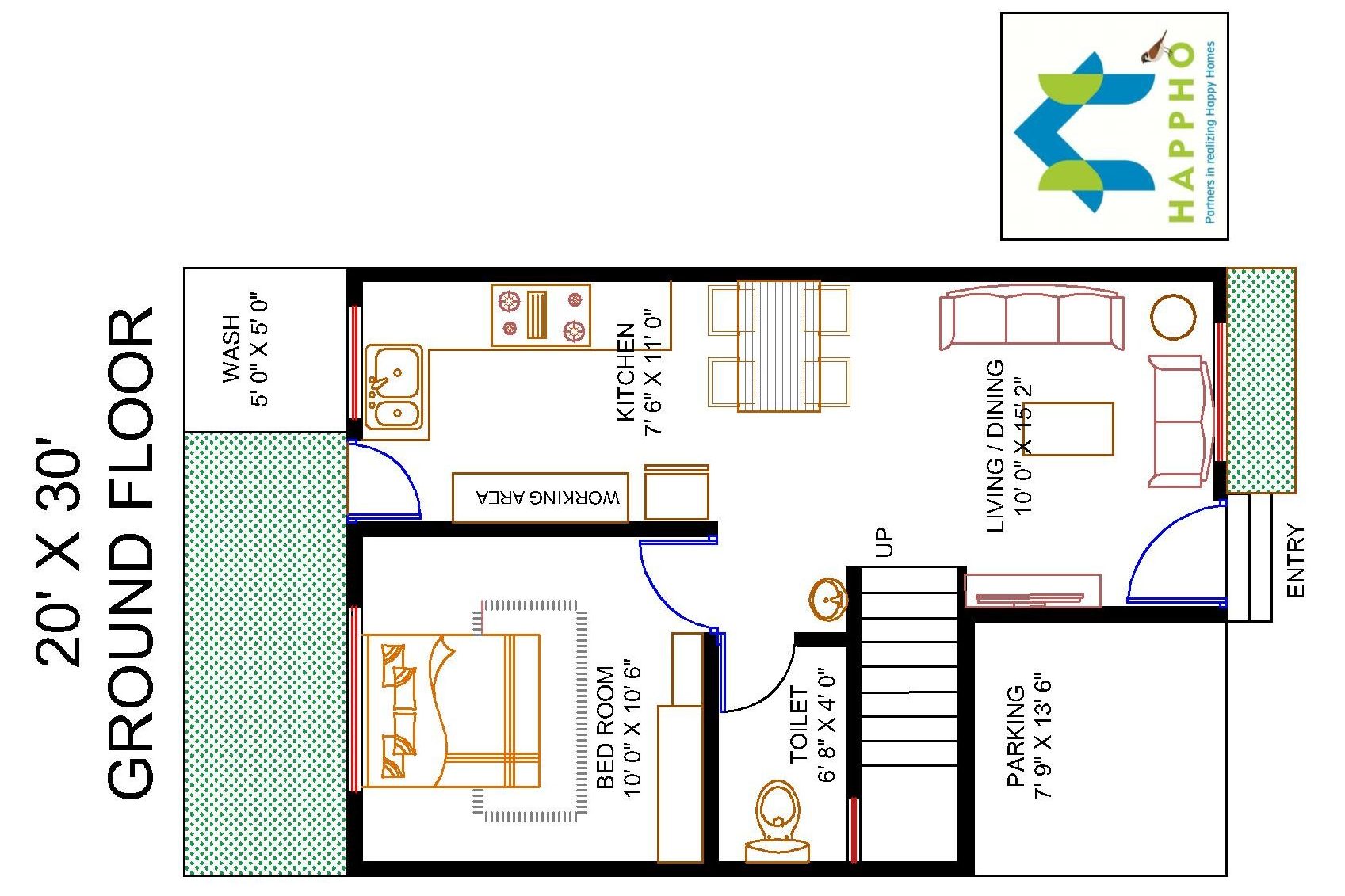 Floor Plan for 20 X 30 Plot | 1-BHK (600 Square Feet/67 SquareYards ...