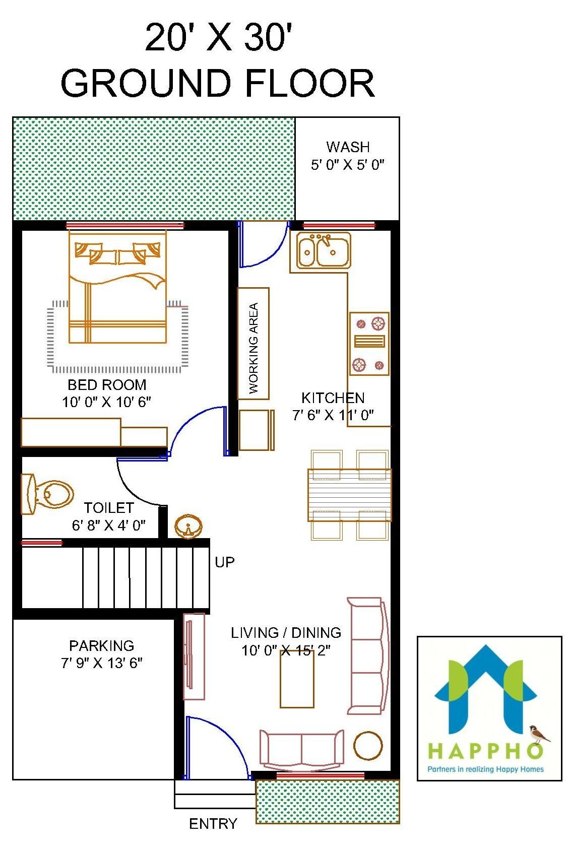 Floor Plan For 20 X 30 Feet Plot 1 Bhk 600 Square Feet 67