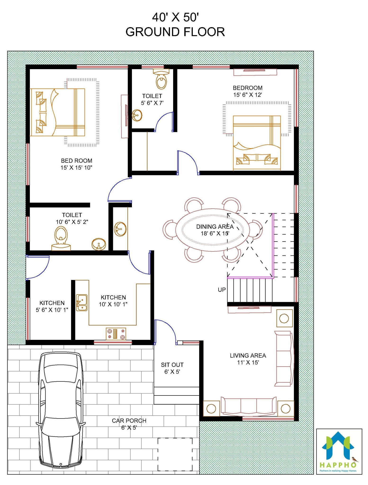 Floor Plan for 40 X 50 Feet Plot 4 BHK 2000 Square Feet 