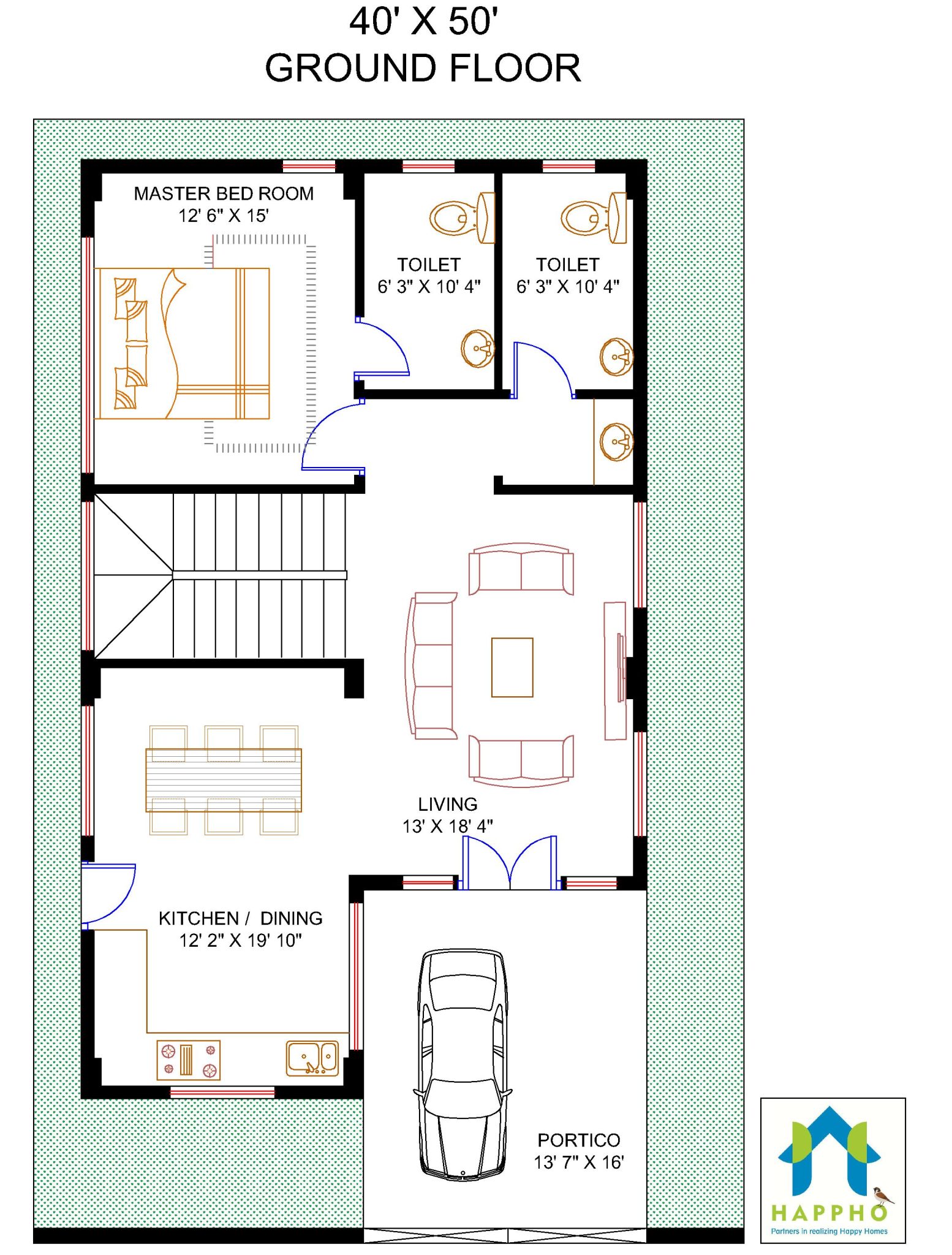 Floor Plan For 40 X 50 Feet Plot 1 Bhk 00 Square Feet 222 Sq Yards Ghar 052 Happho
