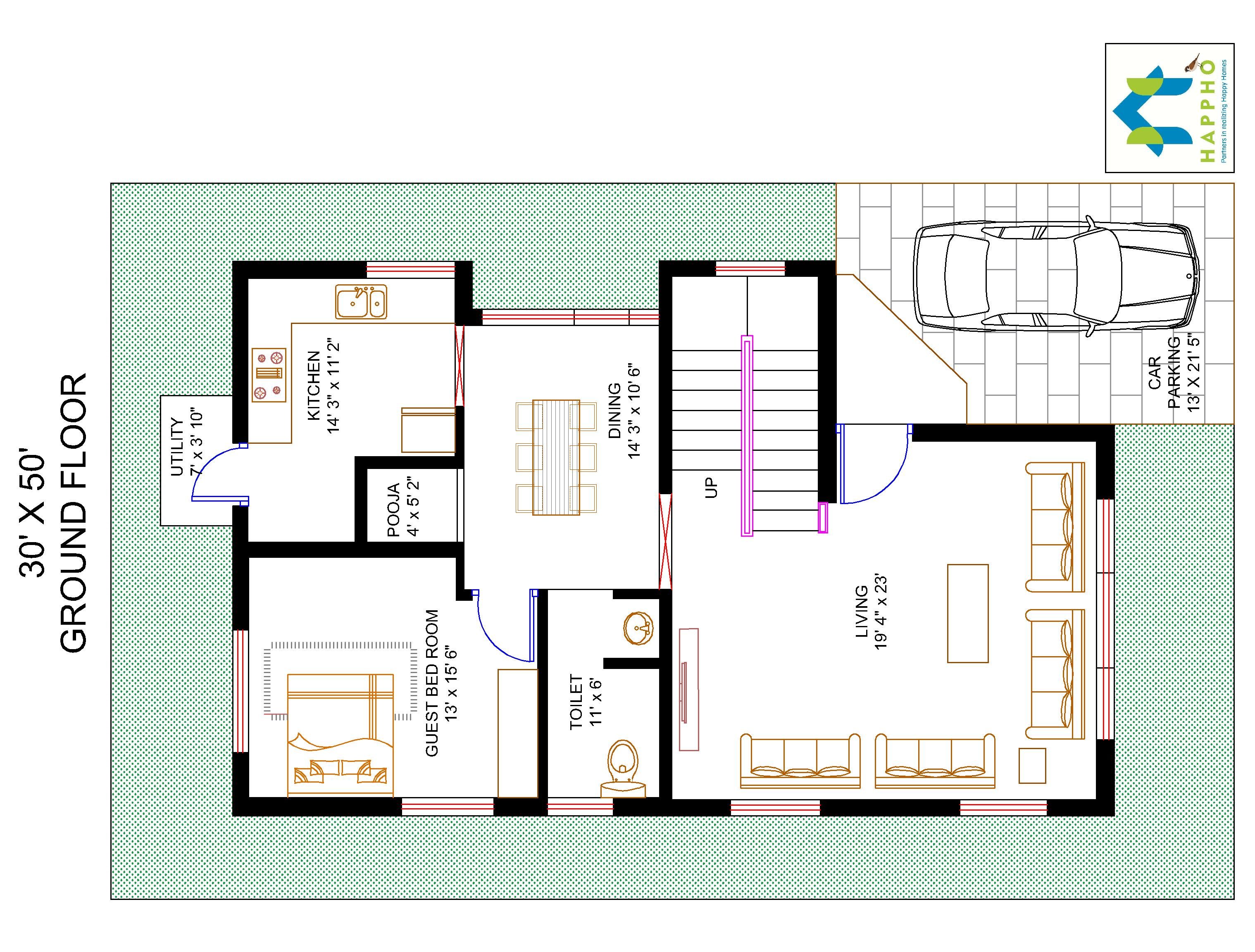 Floor Plan For 30 X 50 Feet Plot 3 Bhk 1500 Square Feet 166 Sq Yards Ghar 034 Happho