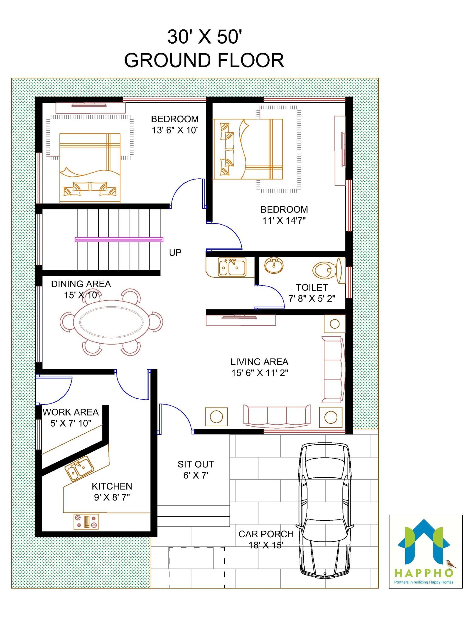 Floor Plan for 30 X 50 Feet Plot | 4-BHK(1500 Square Feet/166 Sq Yards