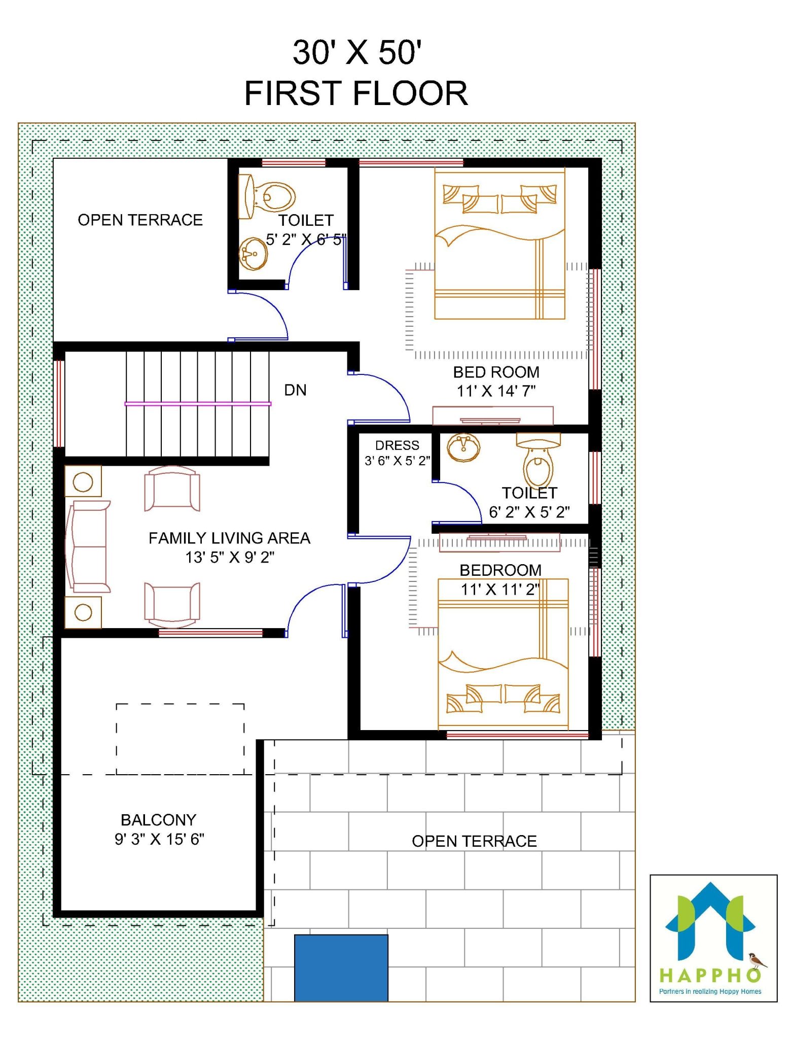 First floor plan, 1500 Square feet, 166 square yards, 4 bhk floor plan, 30 feet x 50 feet, Duplex floor plan