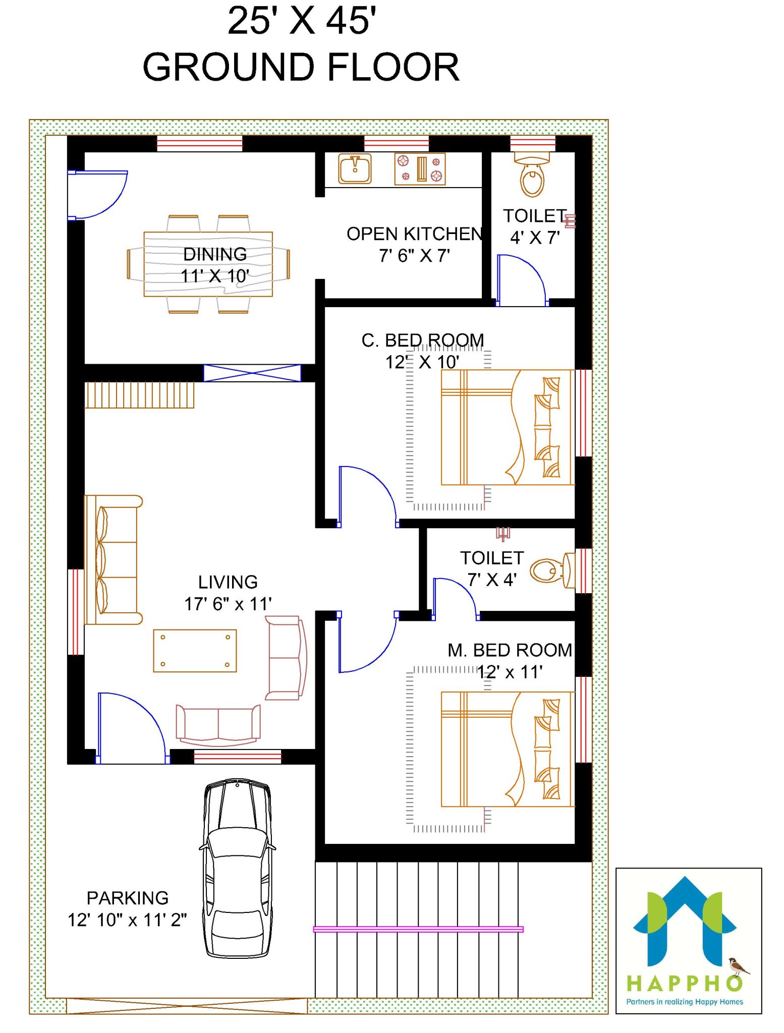 Floor Plan for 25 X 45 Feet Plot | 2-BHK (1125 Square Feet/125 Sq Yards