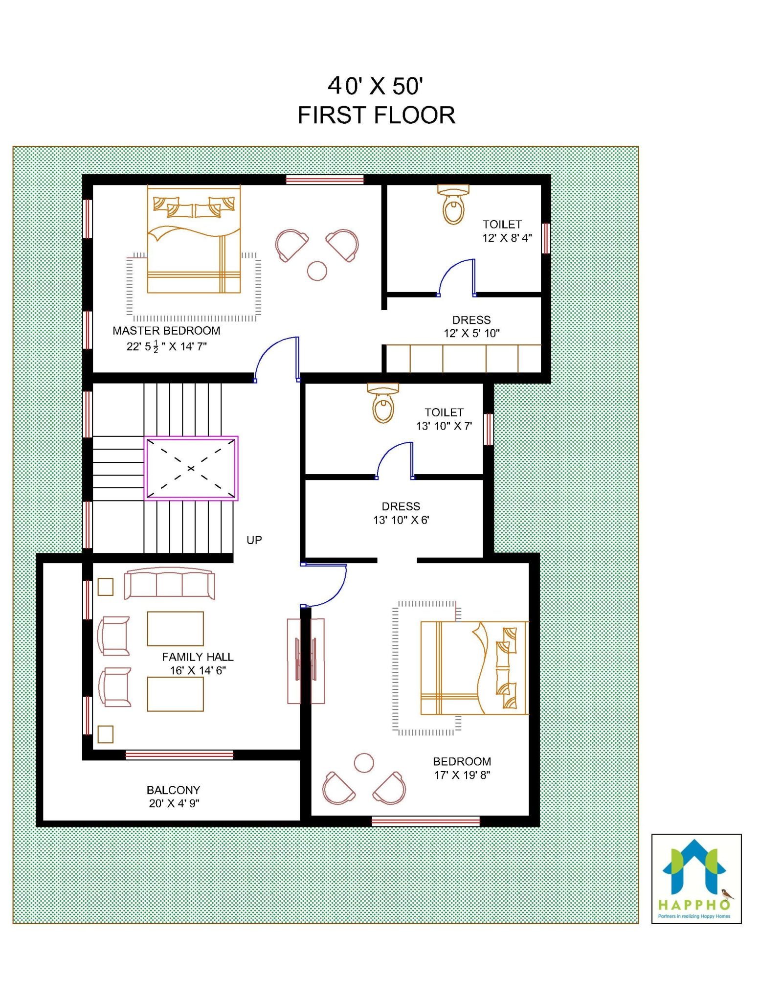 Floor Plan For 40 X 50 Plot 3 Bhk 00 Square Feet 222 Sq Yards Ghar 054 Happho